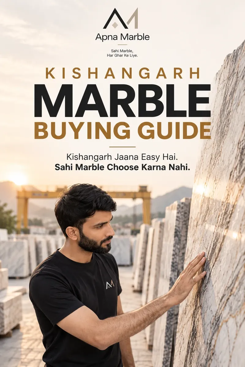 Kishangarh Marble Buying Guide cover: a man inspecting a large marble slab in a Kishangarh yard